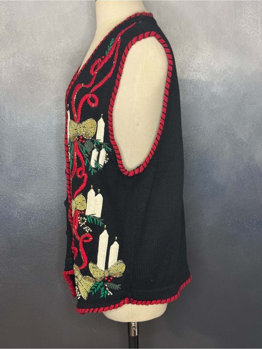 Victoria Jones Christmas Sweater Vest Black Embellished Candles & Bows Women's M - Picture 9 of 11